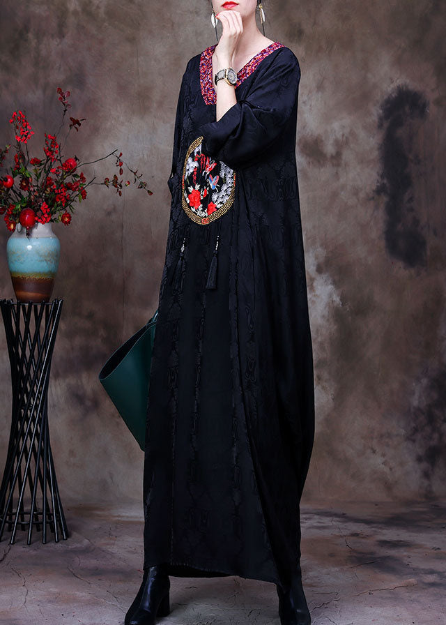 Vintage Black V Neck Butterfly Embroidered Tassel Silk Long Dresses Long Sleeve