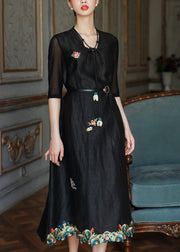 Vintage Black V Neck Embroidered Patchwork Silk Dress Summer