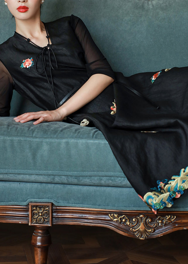 Vintage Black V Neck Embroidered Patchwork Silk Dress Summer