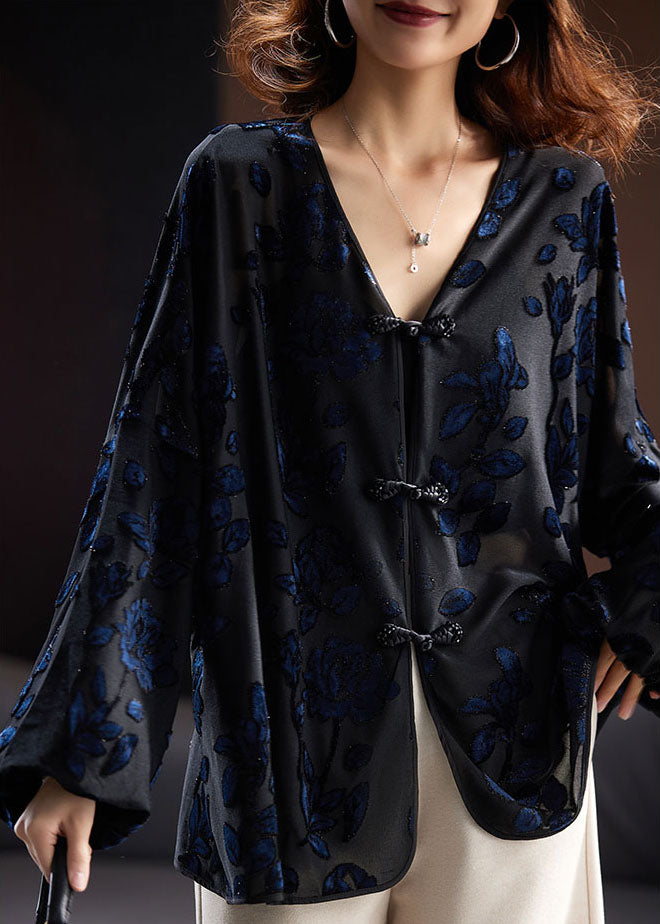 Vintage Black V Neck Embroidered Velour Shirt Fall