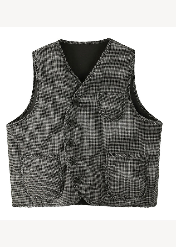 Vintage Black V Neck Plaid Pockets Fine Cotton Filled Vest Sleeveless