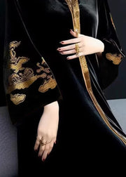 Vintage Black V Neck Print Patchwork Silk Velour Long Dresses Fall