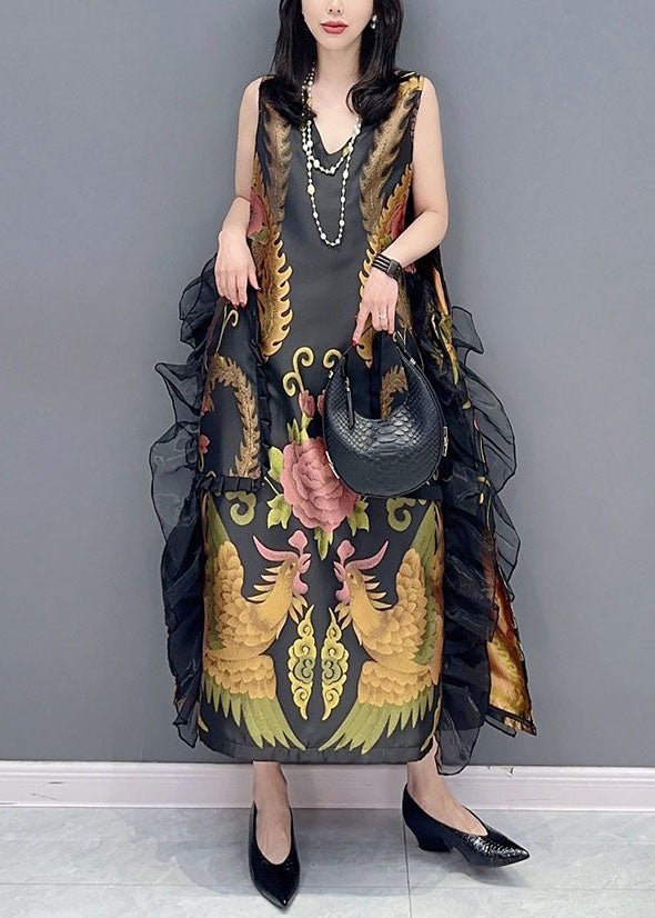 Vintage Black V Neck Print Ruffled Patchwork Silk Dress Sleeveless