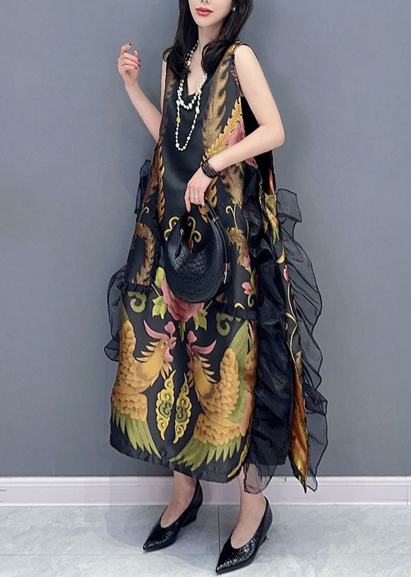 Vintage Black V Neck Print Ruffled Patchwork Silk Dress Sleeveless
