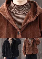 Vintage Black Warm Fine Cotton Filled Corduroy Hooded Coat Winter