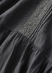 Vintage Black Wrinkled Embroidered Patchwork Linen Dress Summer