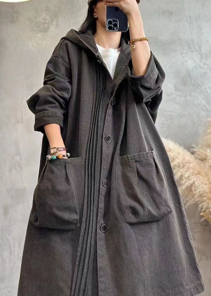 Vintage Black Wrinkled Patchwork Button Hooded Denim Trench Coats Long Sleeve