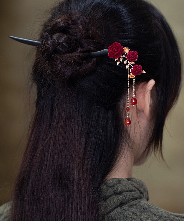 Vintage Black Xylogen Gem Stone Rose Tassel Hairpin