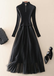 Vintage Black Zip Up Tulle Patchwork Knit Long Dresses Spring