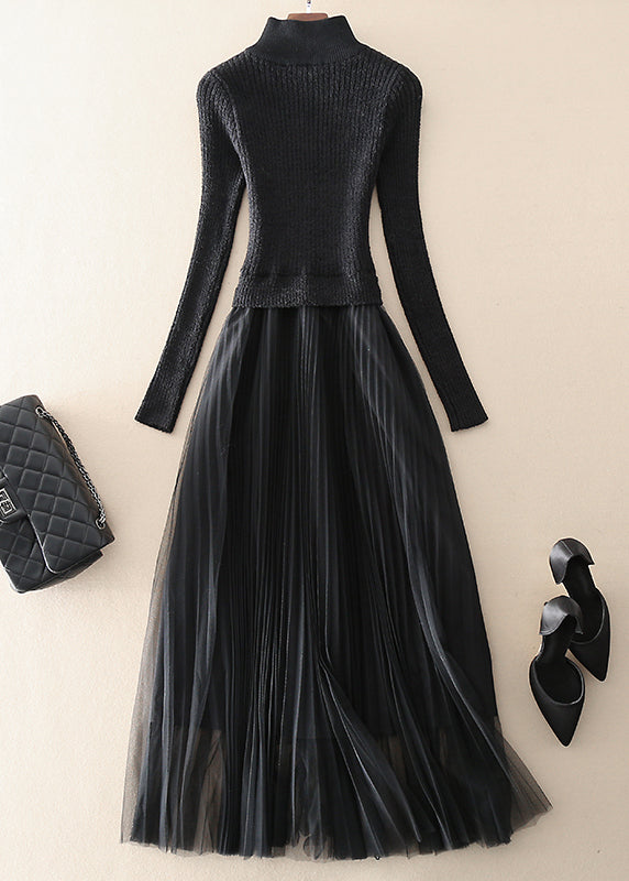 Vintage Black Zip Up Tulle Patchwork Knit Long Dresses Spring