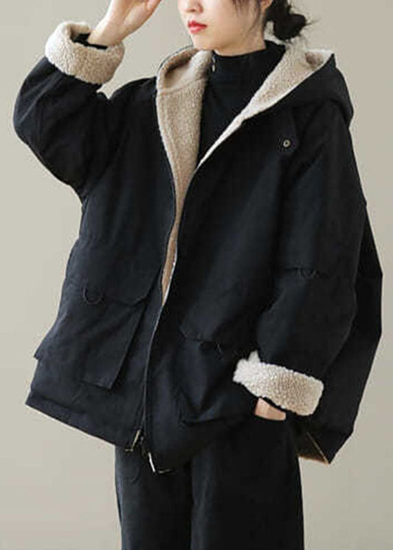 Vintage Black Zippered Fleece Wool Lined Hoodies Parka Winter