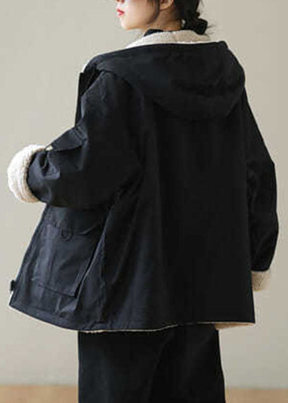 Vintage Black Zippered Fleece Wool Lined Hoodies Parka Winter