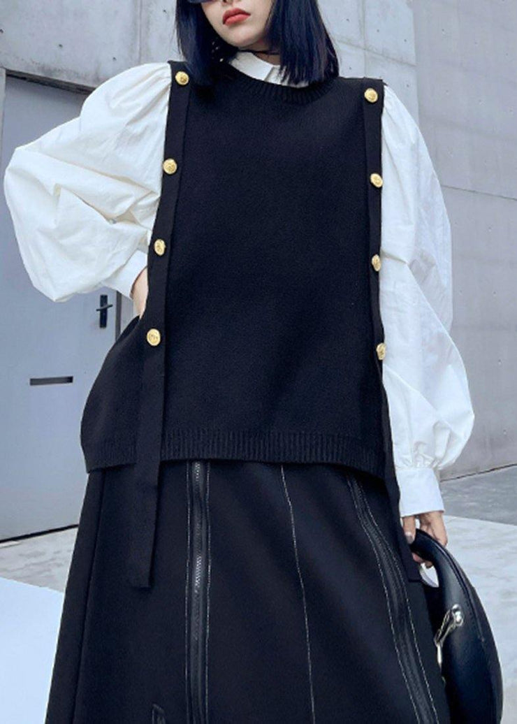 Vintage Black knitwear fashion O Neck Sleeveless Sweater Blouse - SooLinen