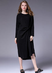 Vintage Black wrinkled asymmetrical design Side open Long Dresses Fall