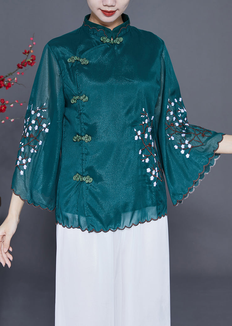 Vintage Blackish Green Mandarin Collar Embroidered Silk Blouses Flare Sleeve
