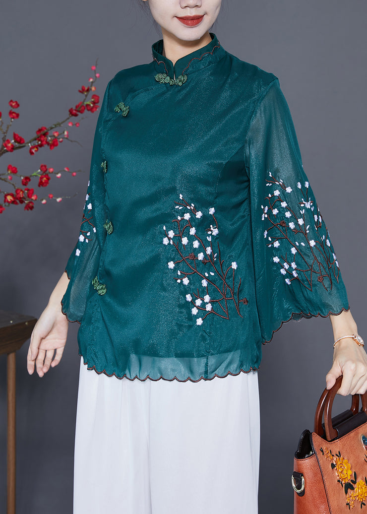 Vintage Blackish Green Mandarin Collar Embroidered Silk Blouses Flare Sleeve