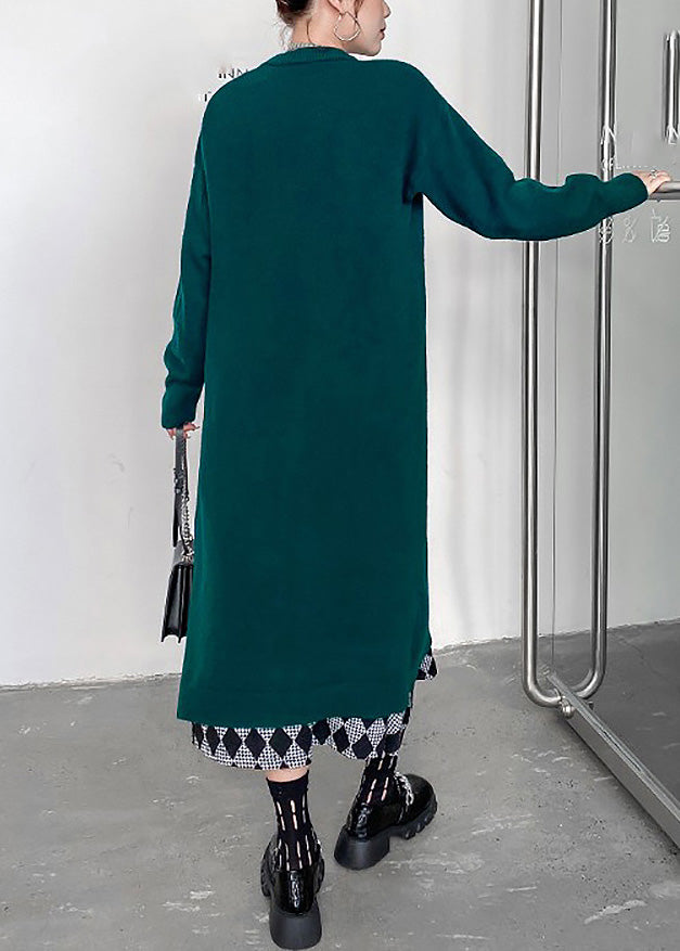 Vintage Blackish Green O-Neck Cozy Knit Sweater Dress Winter