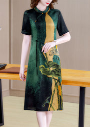 Vintage Blackish Green Stand Collar Print Silk Cheongsam Dress Short Sleeve