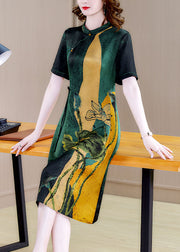 Vintage Blackish Green Stand Collar Print Silk Cheongsam Dress Short Sleeve