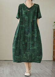 Vintage Blackish Green V Neck Print Patchwork Cotton Dress Summer