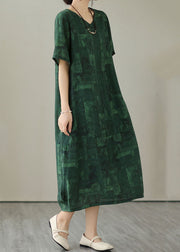 Vintage Blackish Green V Neck Print Patchwork Cotton Dress Summer