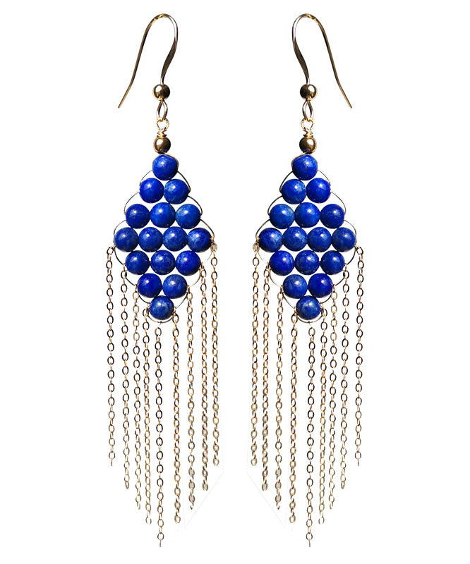 Vintage Blue 14K Gold Gem Stone Tassel Drop Earrings