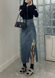 Vintage Blue Asymmetrical Pockets Patchwork High Waist A Line Skirt