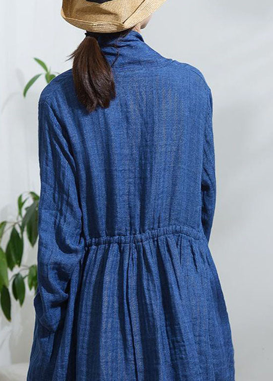 Vintage Blue Bow  Button drawstring Trench Coats Long Sleeve