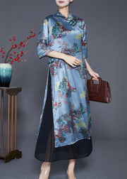 Vintage Blue Chinese Button Patchwork Silk Fake Two Piece Dresses Summer