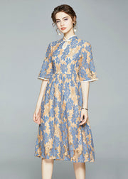 Vintage Blue Chinese Button Wrinkled Patchwork Lace Dress Summer