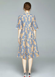 Vintage Blue Chinese Button Wrinkled Patchwork Lace Dress Summer