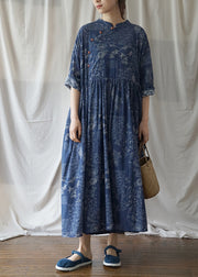 Vintage Blue Cinched Print Cotton Maxi Dress Half Sleeve