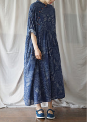 Vintage Blue Cinched Print Cotton Maxi Dress Half Sleeve