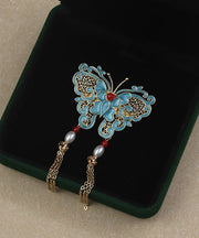Vintage Blue Copper Overgild Pearl Butterfly Tassel Brooches