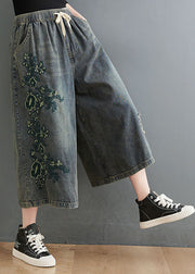 Vintage Blue Elastic Waist Drawstring Embroidered Pockets Cotton Denim Crop Pants Summer