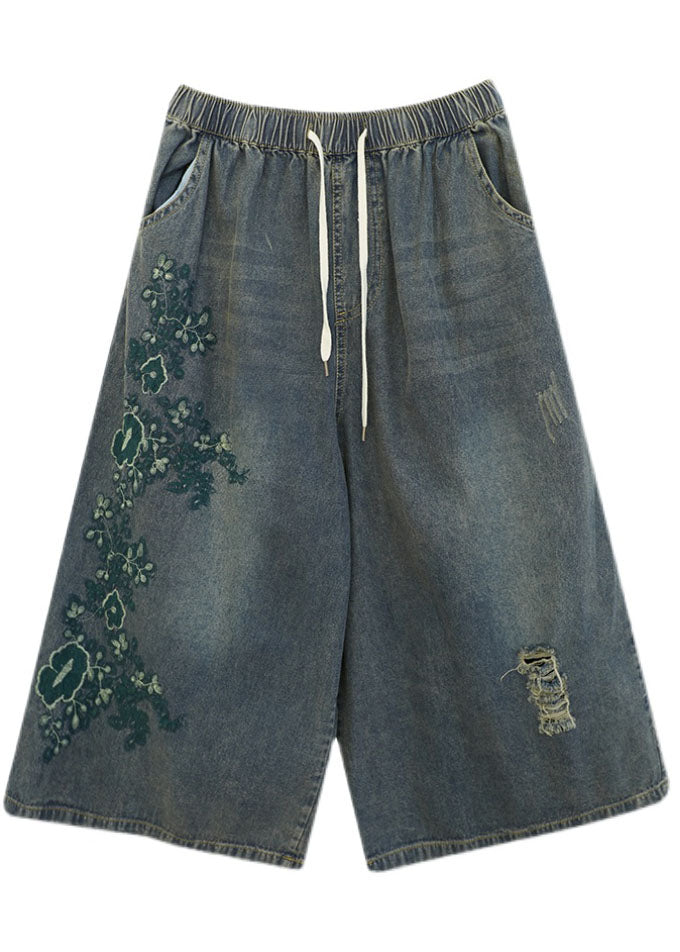 Vintage Blue Elastic Waist Drawstring Embroidered Pockets Cotton Denim Crop Pants Summer