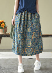 Vintage Blue Elastic Waist Pockets Print Linen Skirts Summer
