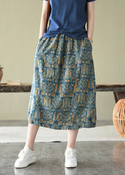 Vintage Blue Elastic Waist Pockets Print Linen Skirts Summer