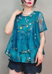 Vintage Blue Embroidered Button Patchwork Tulle Blouse Top Summer