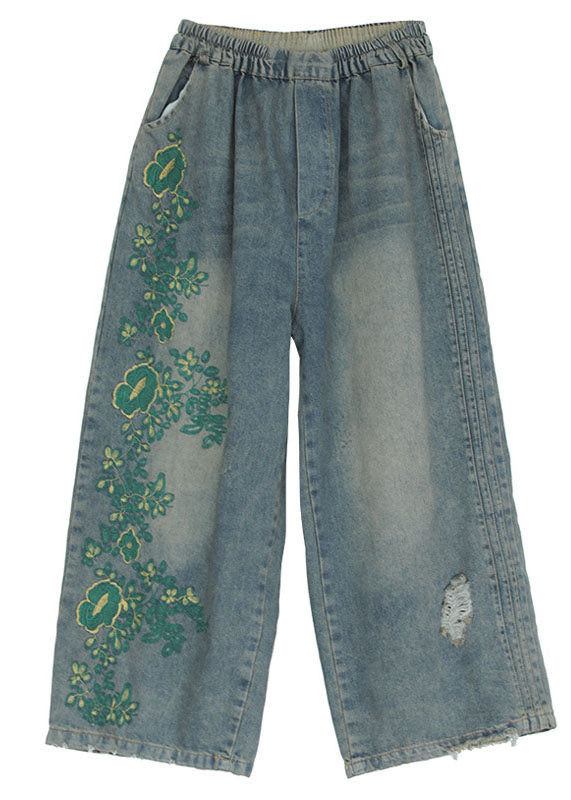 Vintage Blue Embroidered Cotton Ripped Jeans Pants Fall