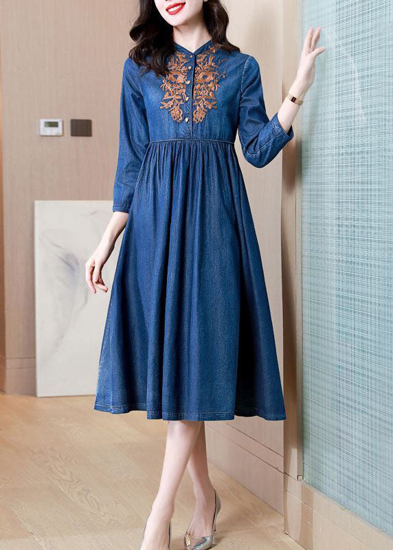 Vintage Blue Embroidered Exra Large Hem Cotton Denim Dress Bracelet Sleeve