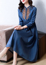 Vintage Blue Embroidered Exra Large Hem Cotton Denim Dress Bracelet Sleeve