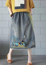 Vintage Blue Embroidered Floral Patchwork Patchwork A Line Skirt Summer