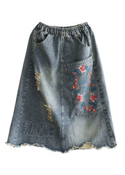 Vintage Blue Embroidered Floral Patchwork Patchwork A Line Skirt Summer