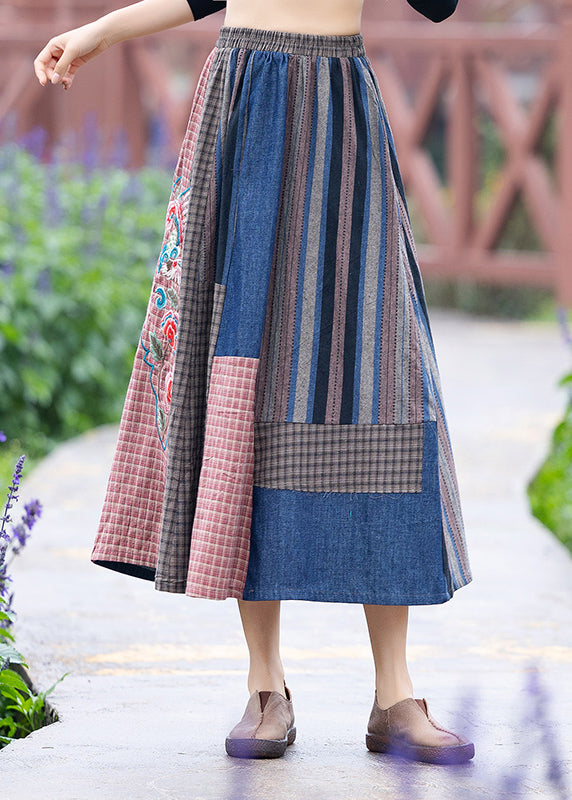 Vintage Blue Embroidered Floral Plaid Patchwork Elastic Waist A Line Skirt Summer