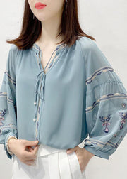 Vintage Blue Embroidered V Neck Chiffon Shirt Top Three Quarter sleeve