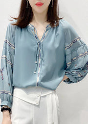 Vintage blau besticktes Chiffon-Shirt mit V-Ausschnitt, dreiviertel Ärmel