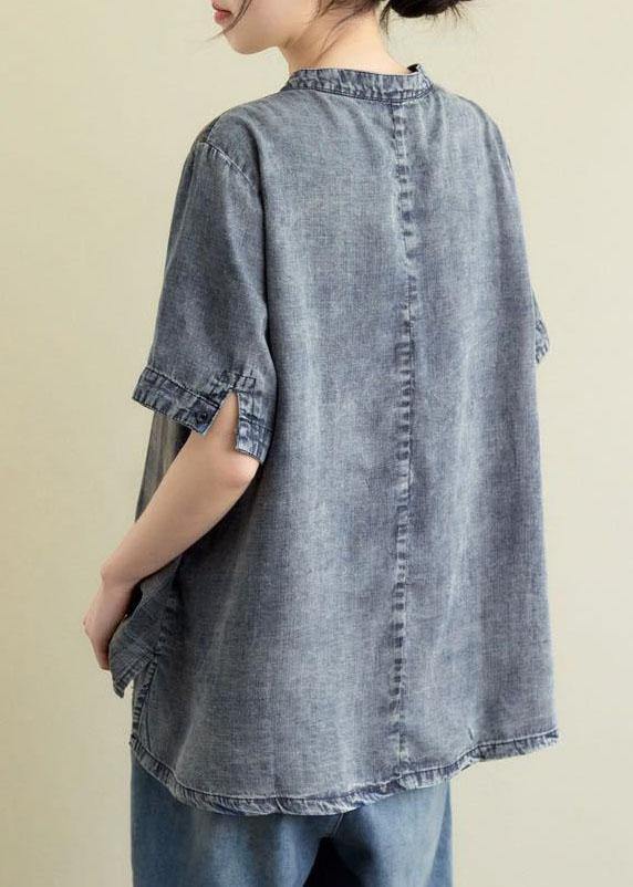 Vintage Blue Grey Denim Plaid Patchwork Summer Tops Short Sleeve - SooLinen