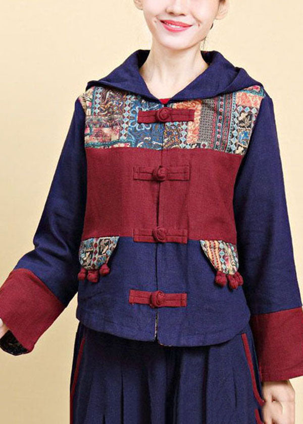 Vintage Blue Hooded Patchwork Oriental Button Linen Jacket Fall