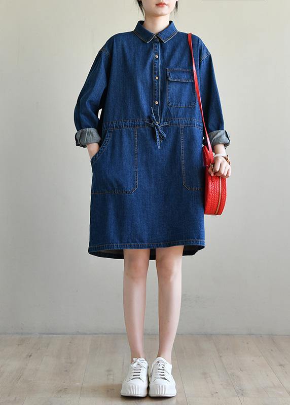 Vintage Blue Long sleeve Cotton Spring Dress - SooLinen